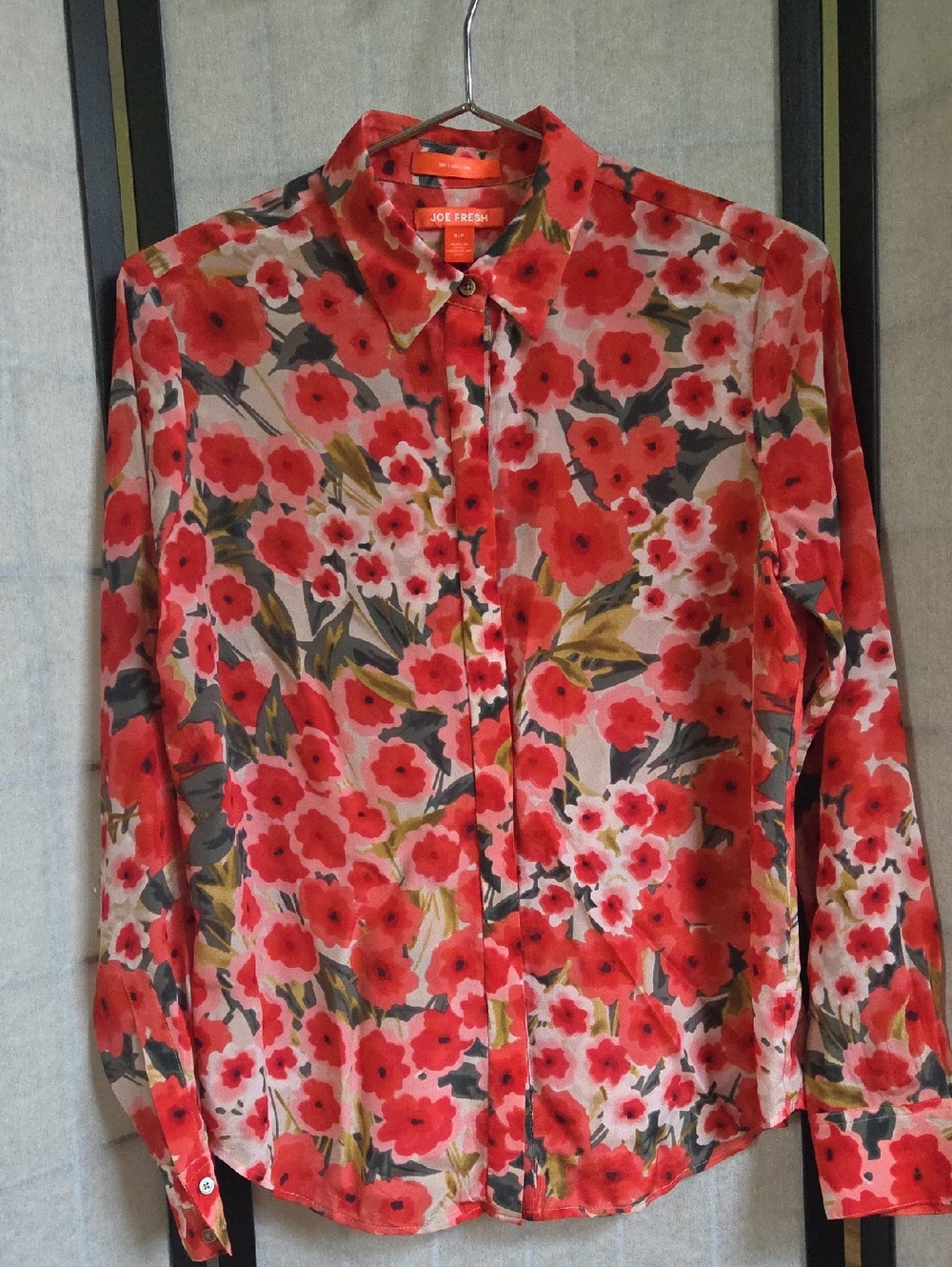 Joe Fresh Red Floral Button-Down 100% SILK Blouse